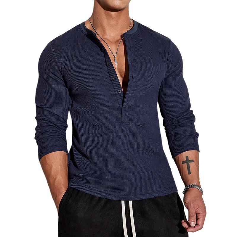 Men's Casual Stripe Henley Collar Slim Fit Long Sleeve T-Shirt 9887360647352
