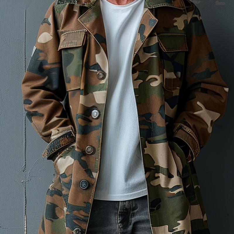 Men's Camouflage Lapel Breast Pocket Single Breasted Mid-length Cargo Trench Coat 9261100368056