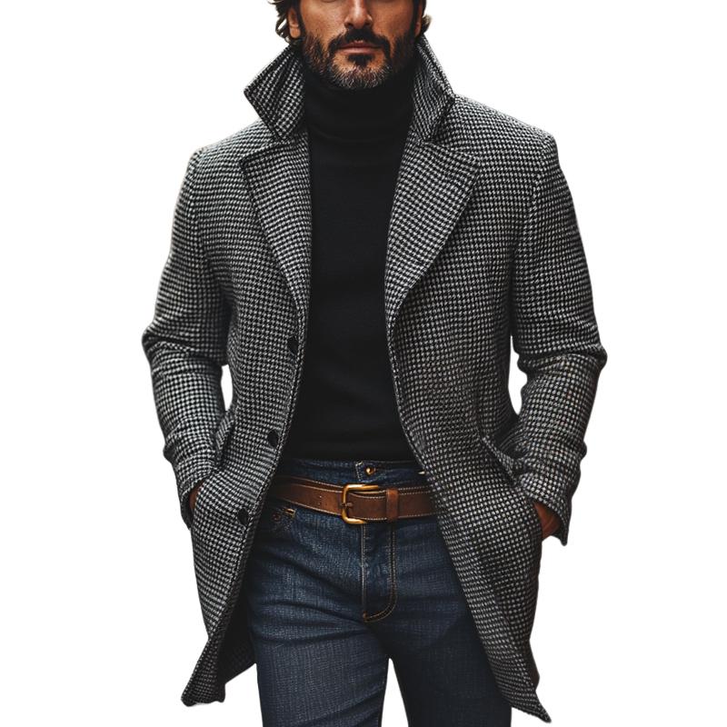 Men's Classic Houndstooth Notch Lapel Single Breasted Mid-Length Coat 9261104070840