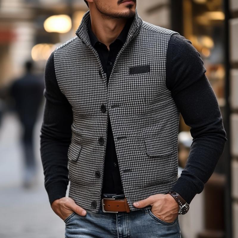 Men's Casual Stand Collar Houndstooth Single Breasted Vest 9273157517496