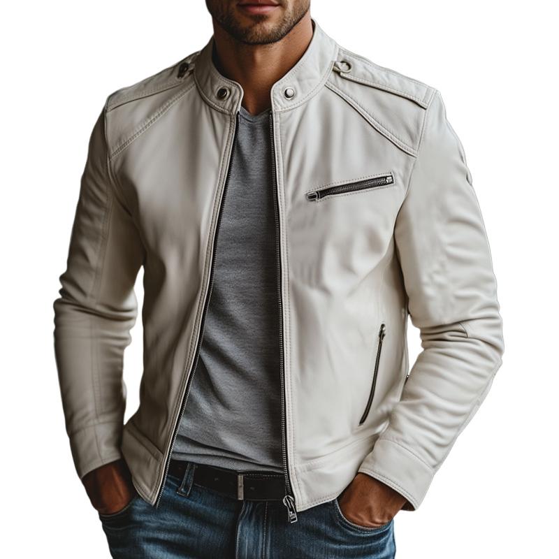 Men's White Stand Collar Zipper Leather Jacket 9873139925176