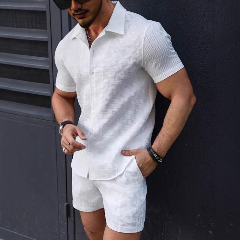 Men's Solid Color Texture Lapel Short Sleeve Shirt Shorts Casual Set 9879141875896