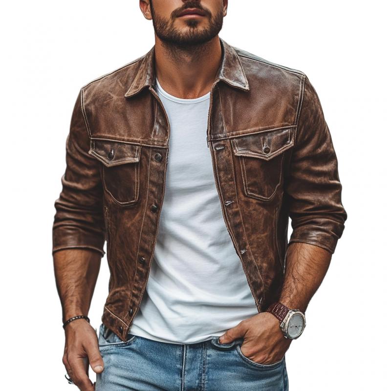 Herren Vintage Distressed Lederjacke mit Revers, schmale Passform 9272270487736