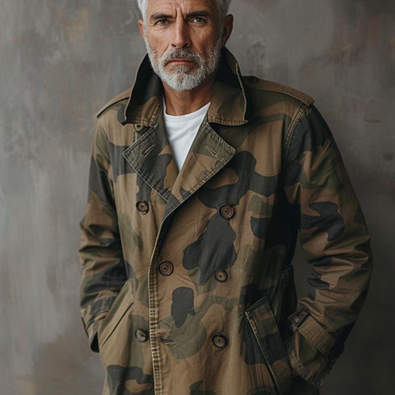 Men's Camouflage Lapel Double Breasted Mid-length Cargo Trench Coat 9261100892344