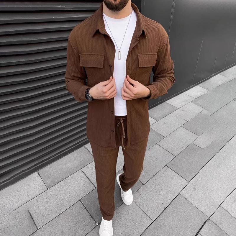 Men's Solid Corduroy Lapel Chest Pocket Jacket Trousers Casual Set 9267507200184