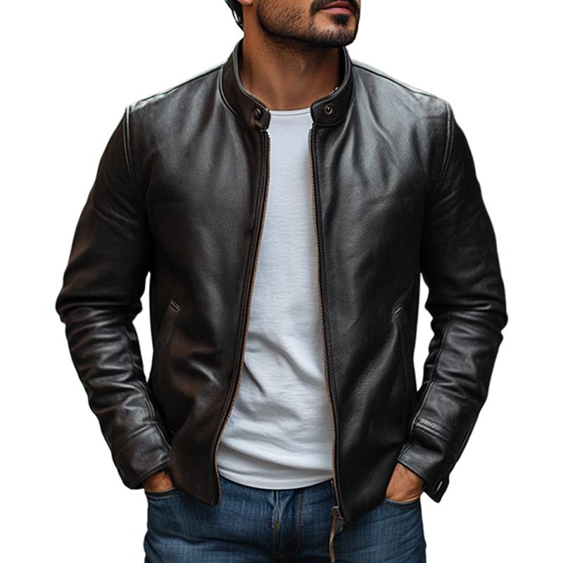 Men's Elegant Stand Collar Slim Zipper Leather Jacket 9261083361464
