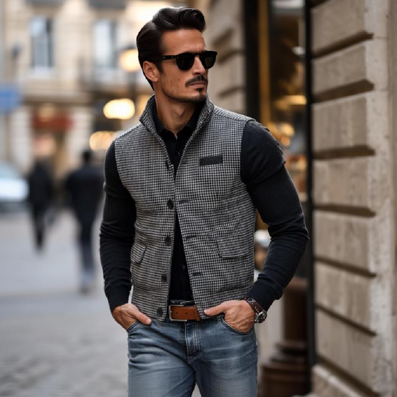 Men's Casual Stand Collar Houndstooth Single Breasted Vest 9273157517496