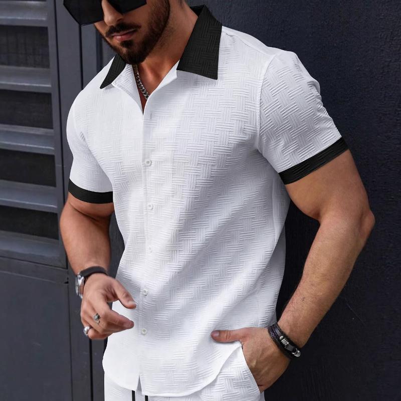 Men's Colorblock Texture Lapel Short Sleeve Shirt Shorts Casual Set 9879141810360