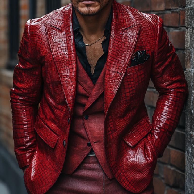 Men's Classic Lapel Red Crocodile Pattern Leather Blazer 9273156960440
