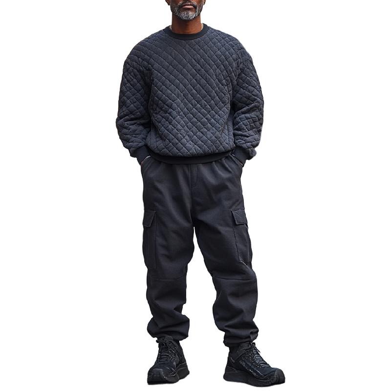 Men's Classic Crew Neck Quilted Air Layer Sweatshirt and Multi-Pocket Casual Pants Two-Piece Set 9873516724408
