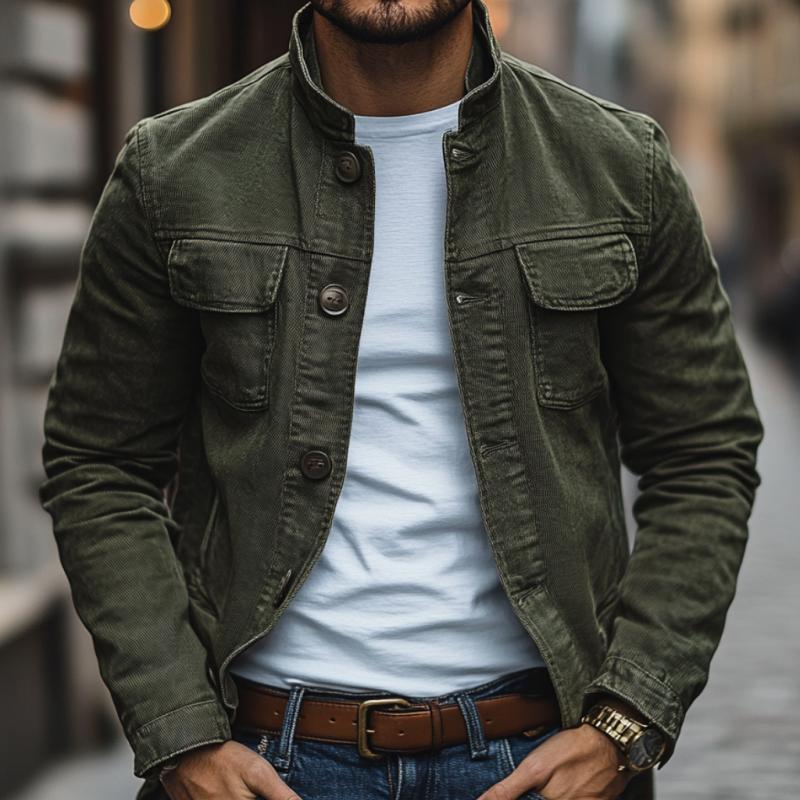Men's Vintage Washed Cotton Canvas Stand Collar Single Breasted Slim Fit Jacket 9885320020152