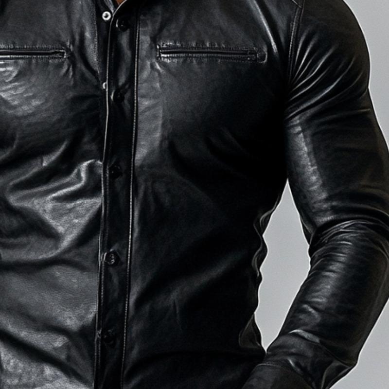 Mens Fashion Single Breasted Slim Fit Long Sleeve Leather Shirt 9880240292024