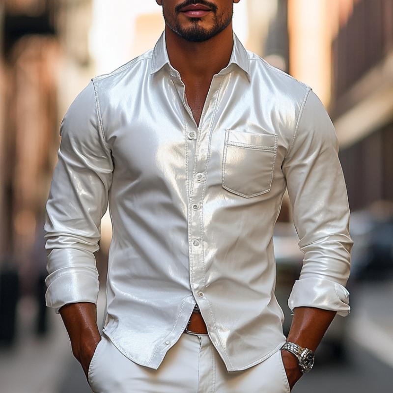 Men's Fashion Lapel Long Sleeve Leather Shirt 9877216035000