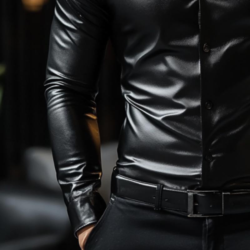 Men's Classic Casual Slim Fit Leather Long Sleeve Shirt 9274169032888