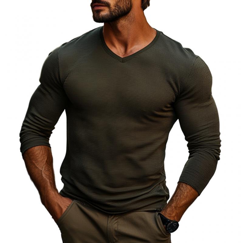 Lässiges Herren-T-Shirt mit V-Ausschnitt und Waffelmuster in Slim Fit, langärmelig 9274167394488