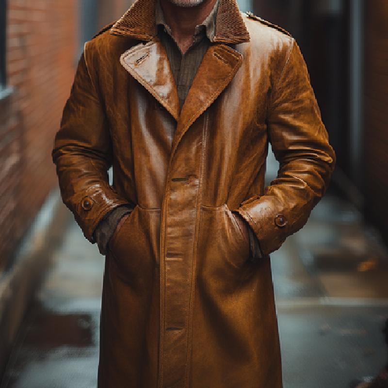 Men's Classic Mid-length Single-breasted Lapel Leather Coat 9267505823928