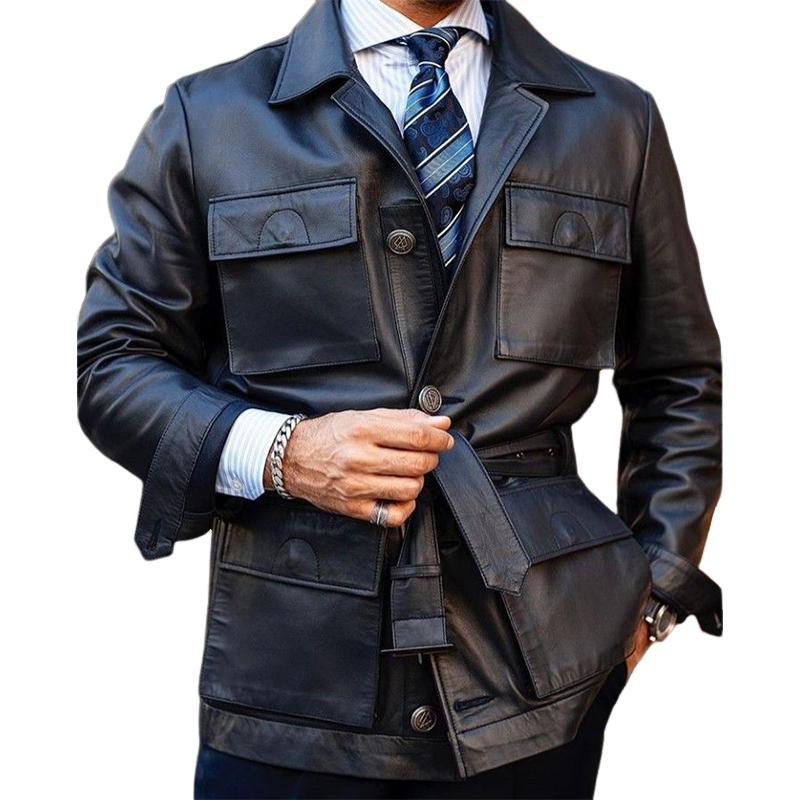 Men's Solid Black Belt Lapel Leather Jacket 9873521639608
