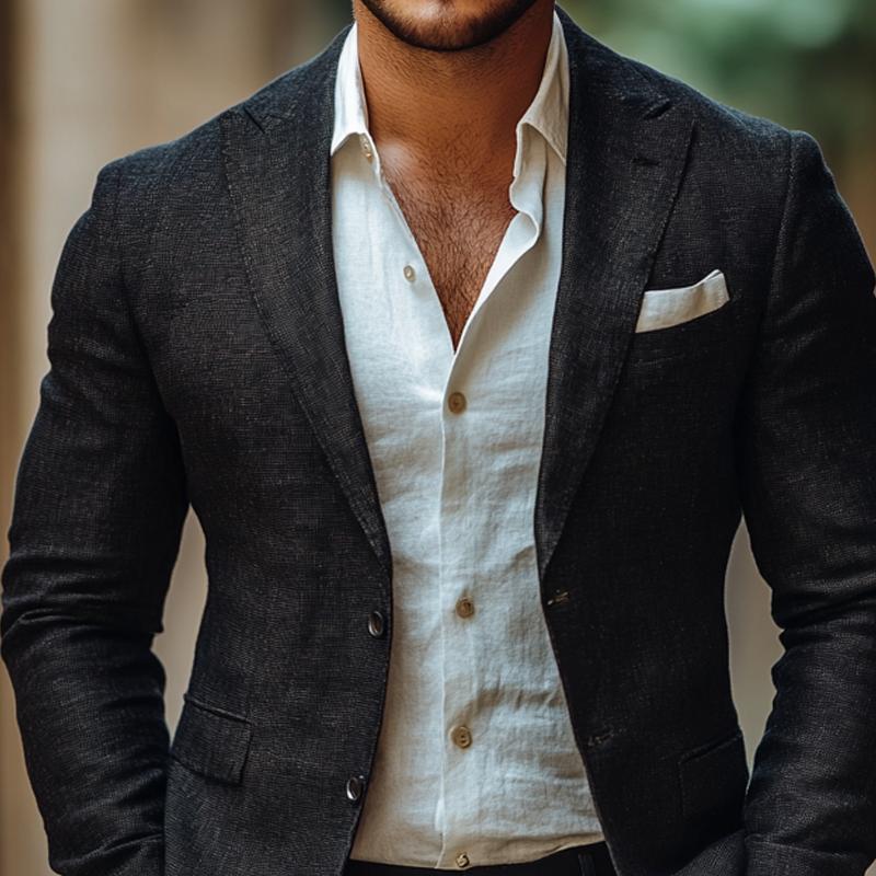 Men's Fashion Solid Color Linen Peak Lapel Two Buttons Casual Blazer 9885838966968