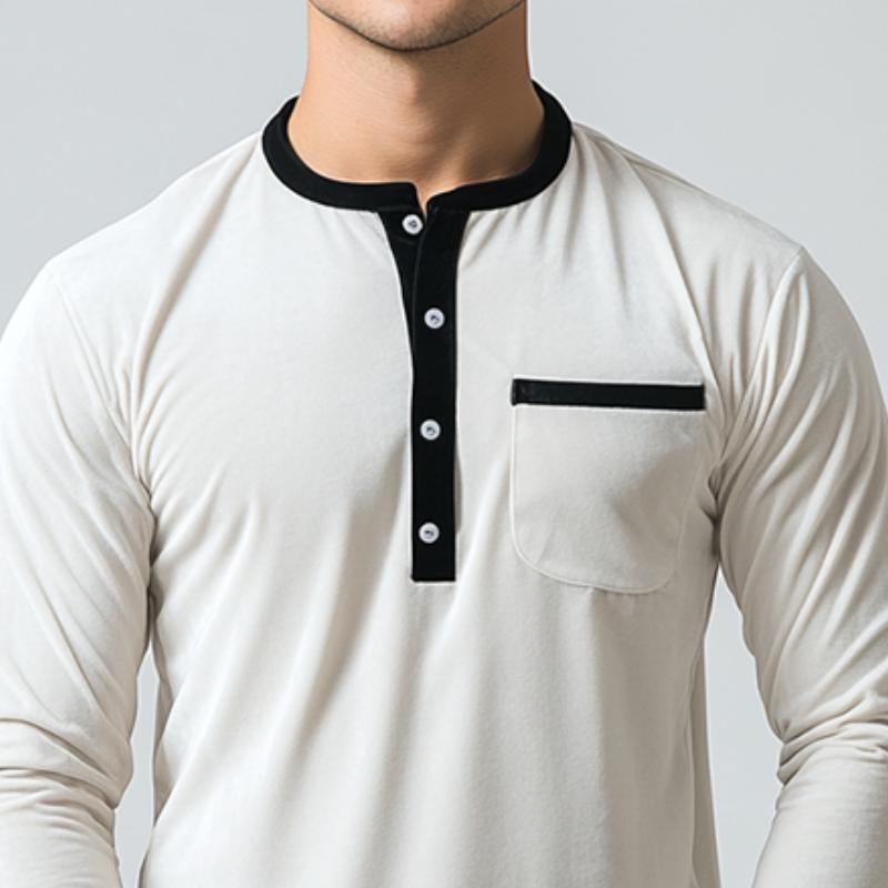 Men's Casual Slim Fit Velvet Patchwork Pocket Long Sleeve T-Shirt 9883358593208