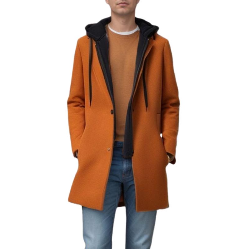 Men's Solid Color Padded Hooded Mid-Length Woolen Coat 9261104529592