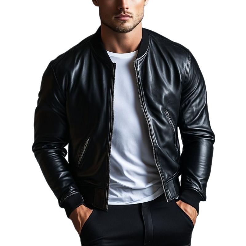 Men's Fashion Crew Neck Baseball Leather Jacket 9885321756856
