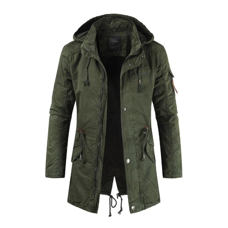 Herren Casual Outdoor Baumwolle Stehkragen Kapuze Reißverschluss Mittellanger Trenchcoat 69828861M