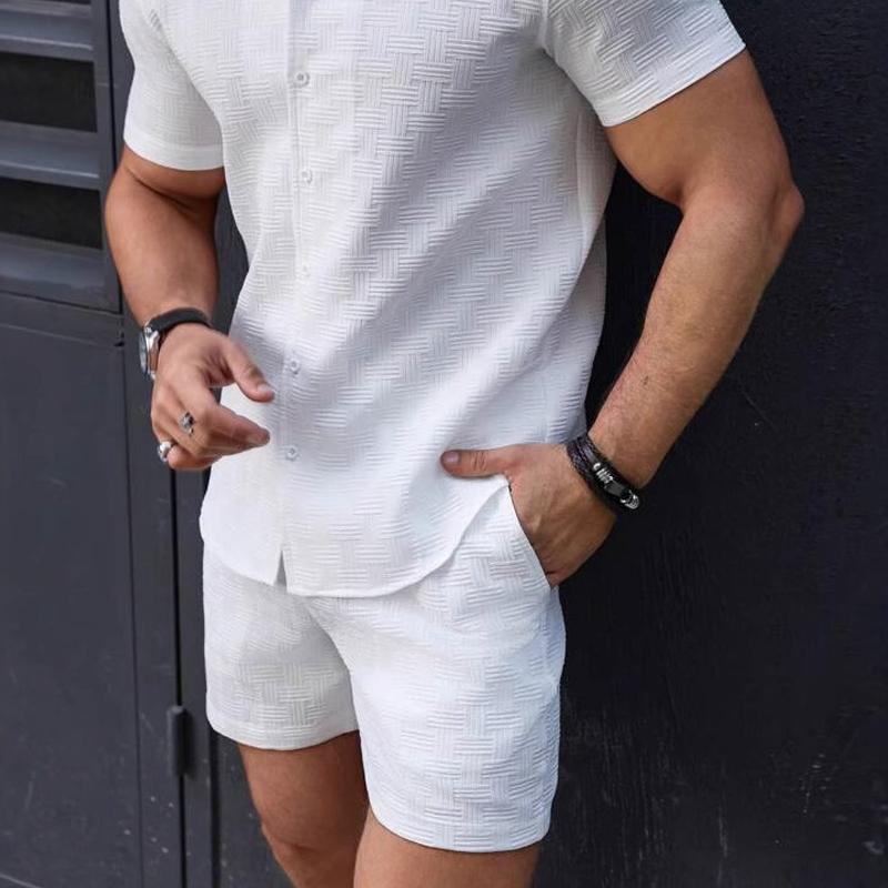 Men's Solid Color Texture Lapel Short Sleeve Shirt Shorts Casual Set 9879141875896