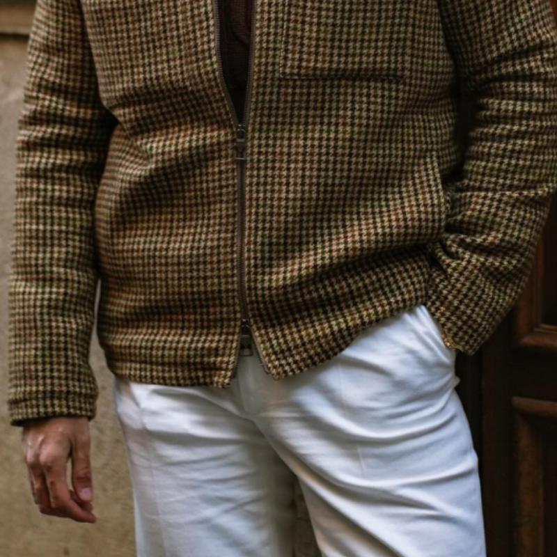 Men's Classic Vintage Zipper Multi-Pocket Houndstooth Jacket 9274150453432