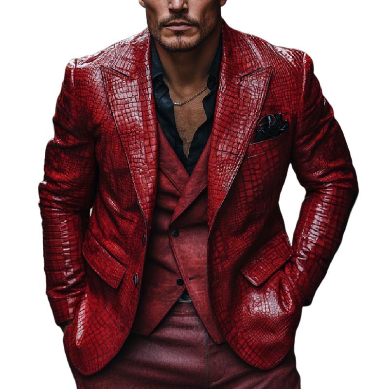 Men's Classic Lapel Red Crocodile Pattern Leather Blazer 9273156960440