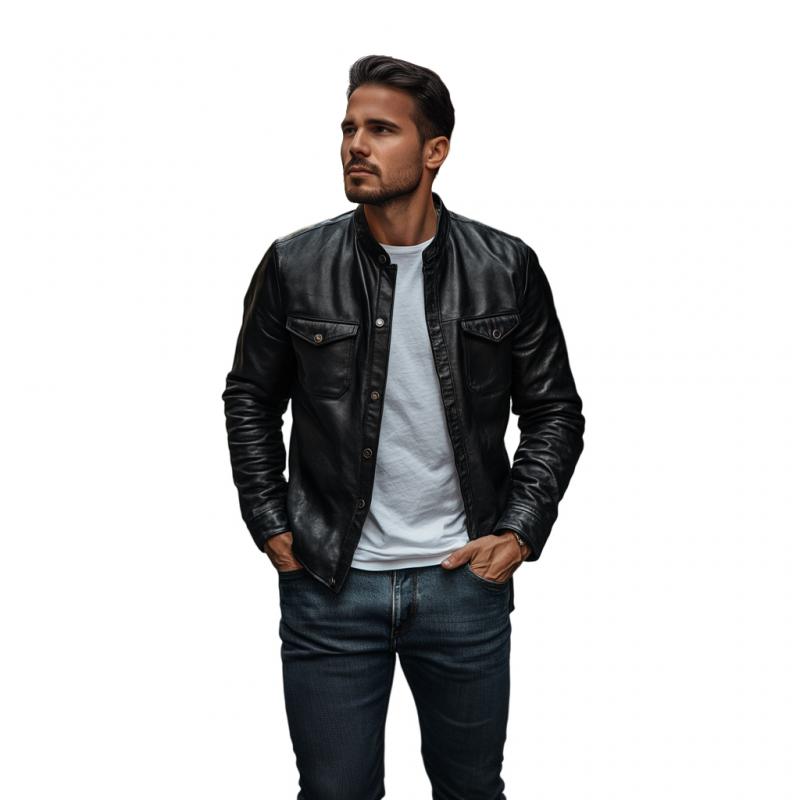 Men's Casual Solid Color Leather Stand Collar Slim Fit Long Sleeve Shirt 9273157583032