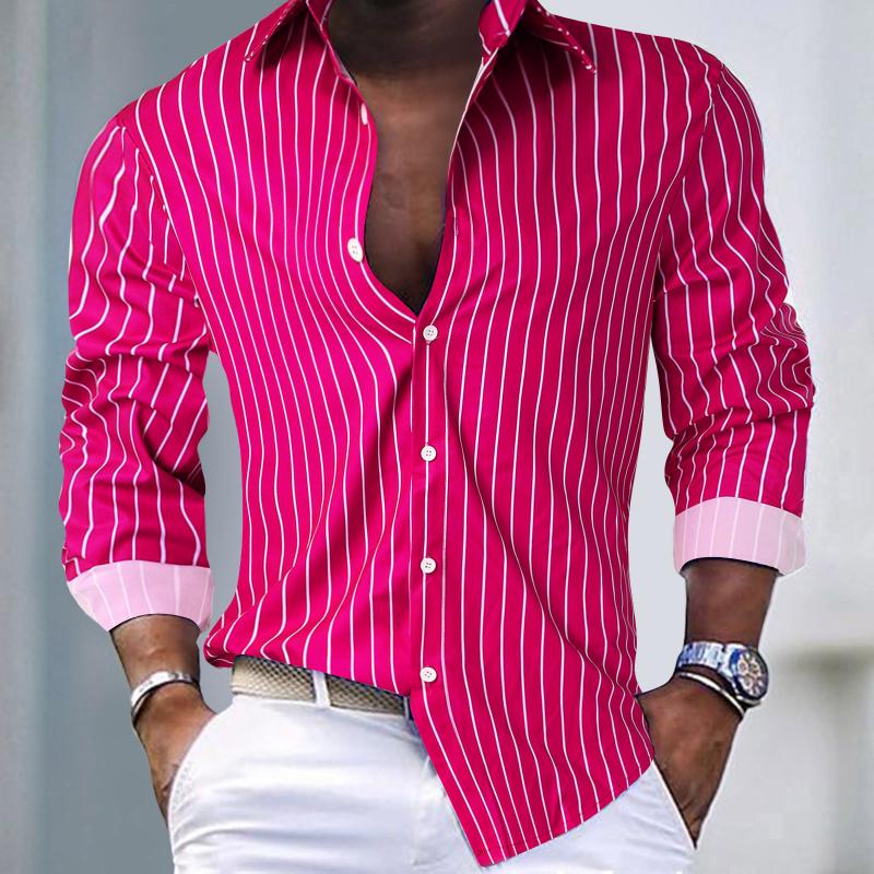 Men's Casual Striped Lapel Single Breasted Long Sleeve Shirt 9261788397752