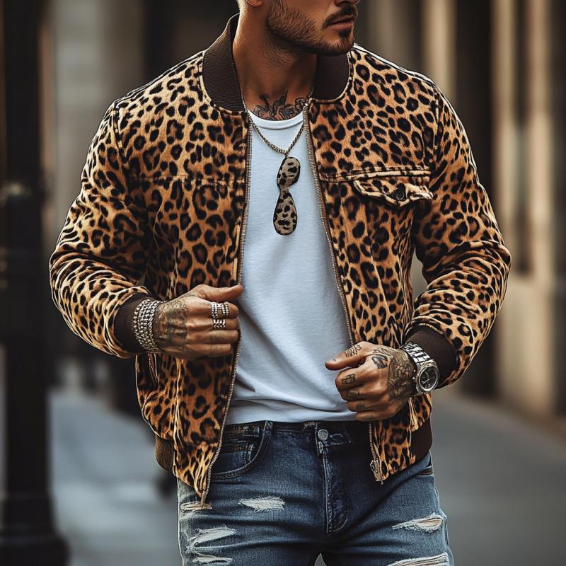 Men's Vintage Leopard Print Chest Pocket Bomber Jacket 9261082312888