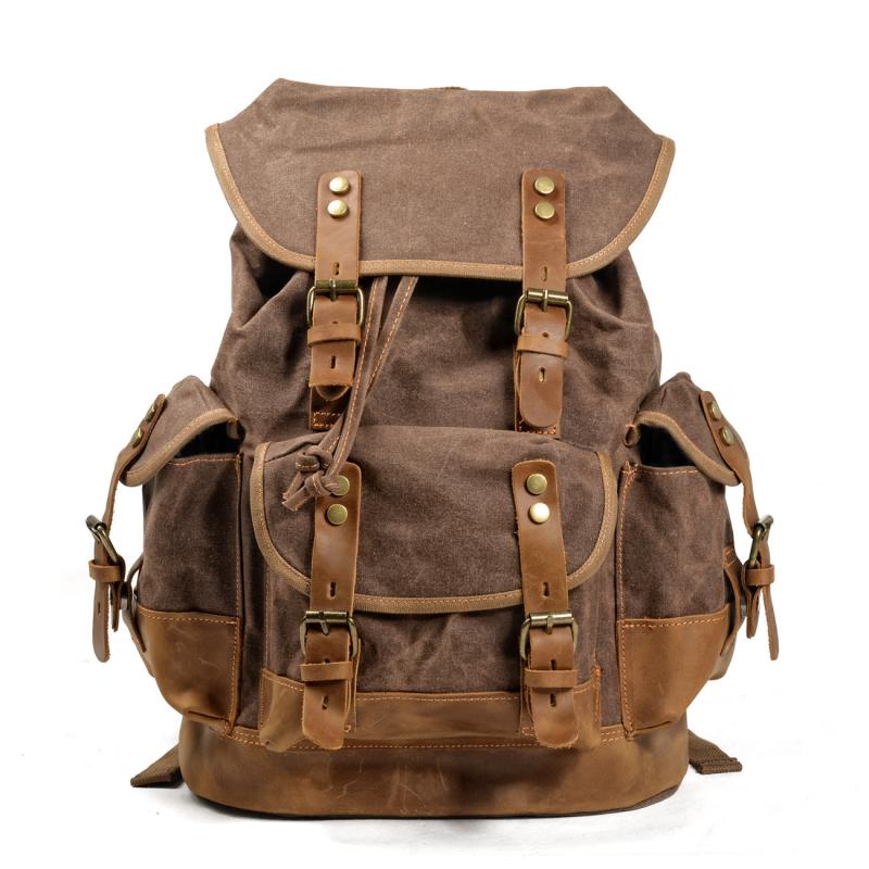 Men's Vintage Outdoor Canvas Stitching Leather Multi-Pocket Backpack 9262190624952
