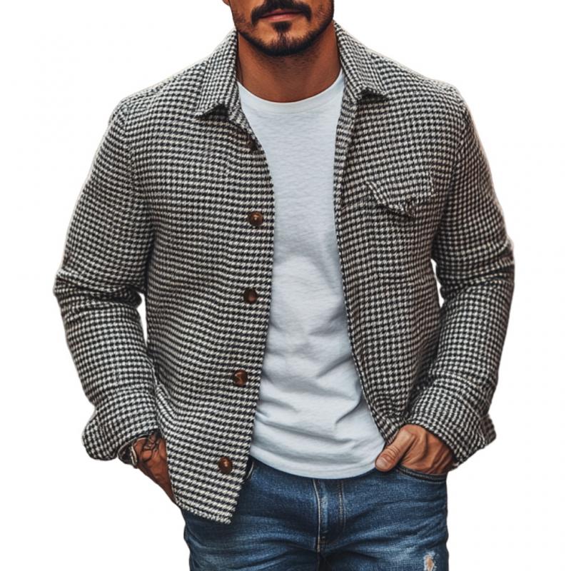 Men's Vintage Houndstooth Lapel Single Breasted Shirt Jacket 9261078708408