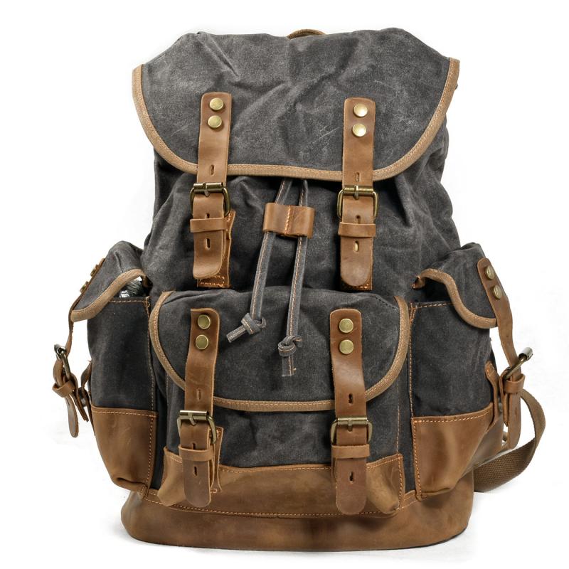 Men's Vintage Outdoor Canvas Stitching Leather Multi-Pocket Backpack 9262190624952