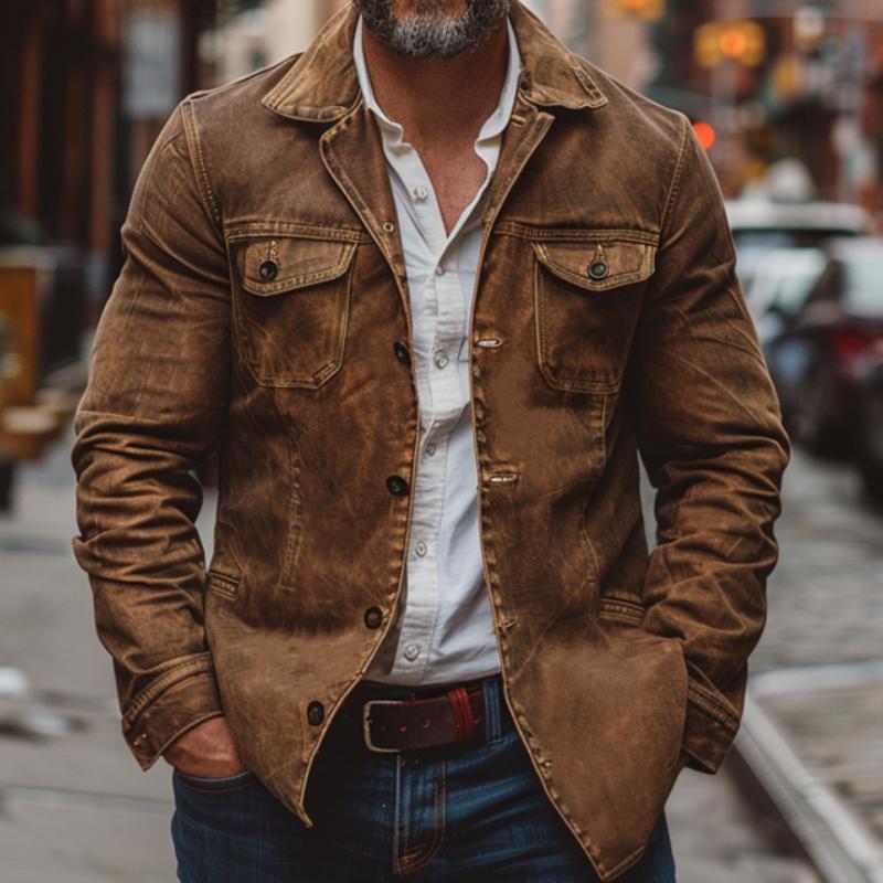 Men's Vintage Heavy Washed Leather Lapel Single Breasted Multi-Pocket Work Jacket 9261077692600