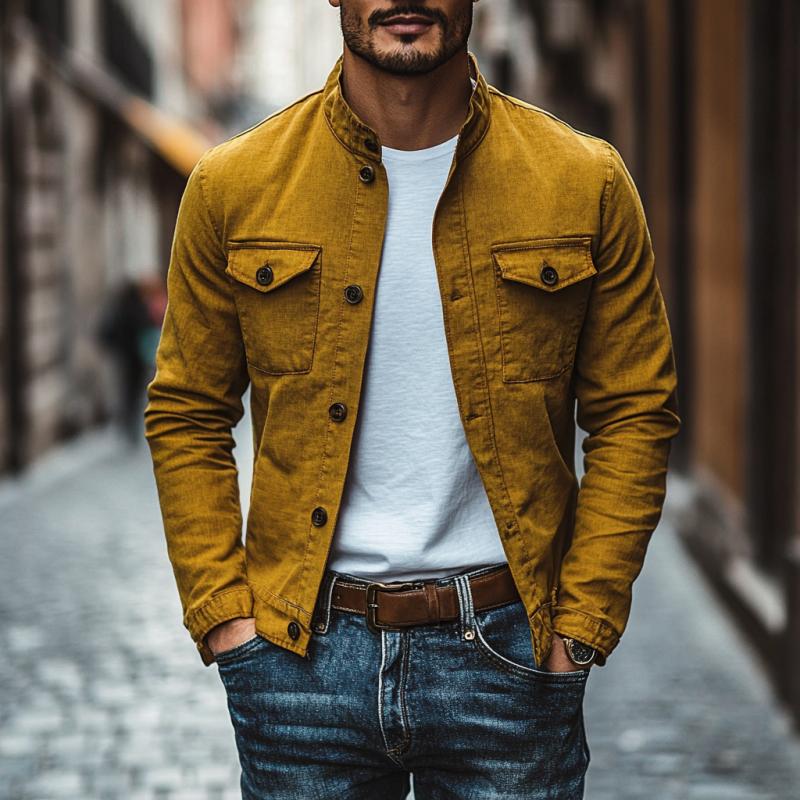 Men's Casual Cotton Linen Stand Collar Slim Fit Long Sleeve Shirt 9883352826040