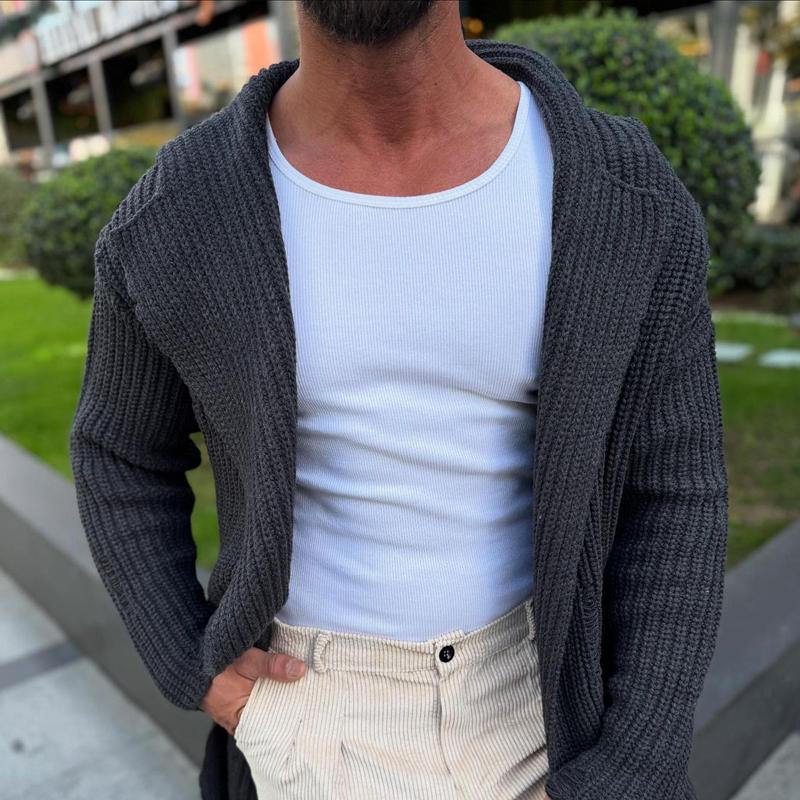 Men's Fashion Solid Color Holes Lapel Long Sleeve Knit Cardigan 9268188283064
