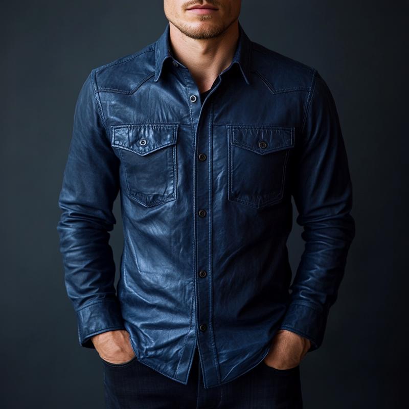 Men's Stylish Dark Blue Lapel Long Sleeve Leather Shirt 9879658889400