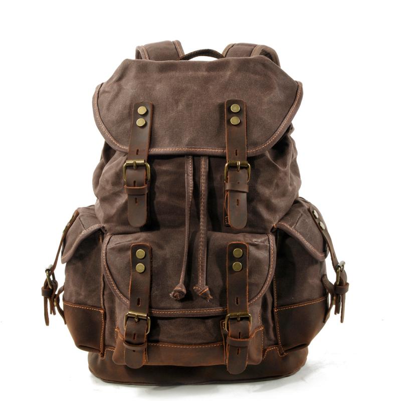 Men's Vintage Outdoor Canvas Stitching Leather Multi-Pocket Backpack 9262190624952