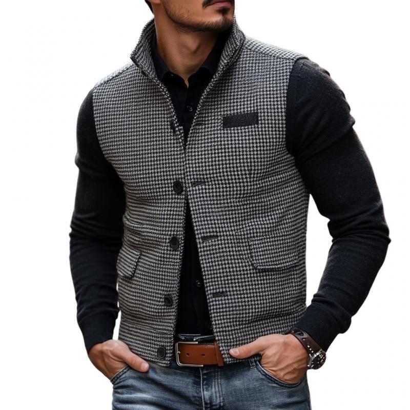 Men's Casual Stand Collar Houndstooth Single Breasted Vest 9273157517496