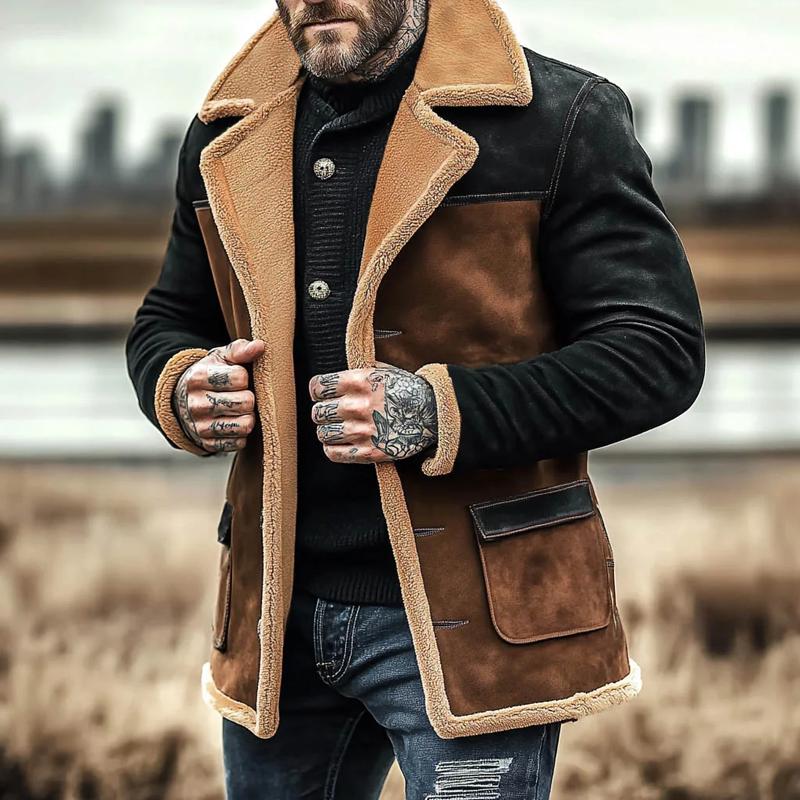 Men's Fleece Colorblock Suede Lapel Suede Single Breasted Multi-pocket Coat 9261105283256