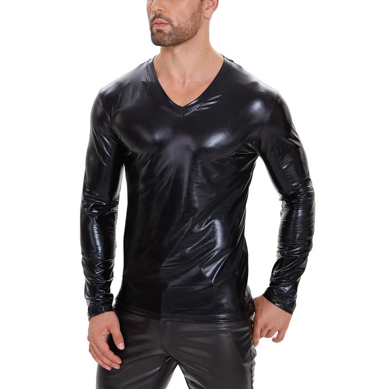 Men's Classic Casual Slim Fit Soft Patent Leather V-Neck Long Sleeve T-Shirt 9271920394424