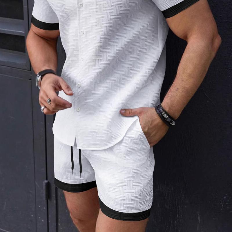 Men's Colorblock Texture Lapel Short Sleeve Shirt Shorts Casual Set 9879141810360