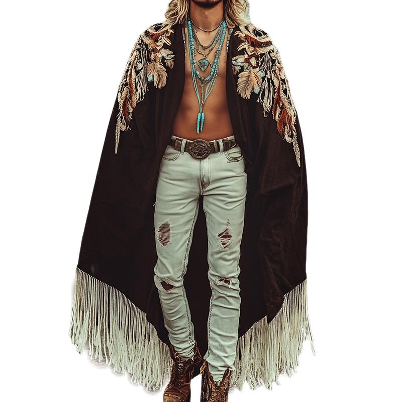 Men's Vintage Casual Linen Eagle Feather Embroidered Cape 9887382601912