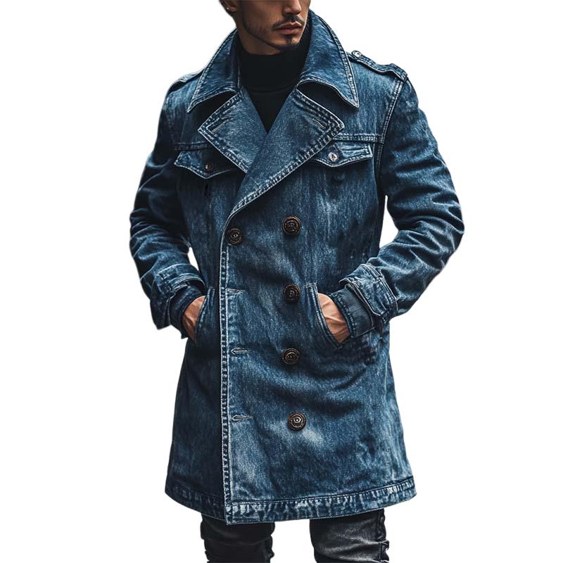 Men's Classic Casual Double Breasted Multi-Length Thigh-Length Denim Jacket 9266614501560