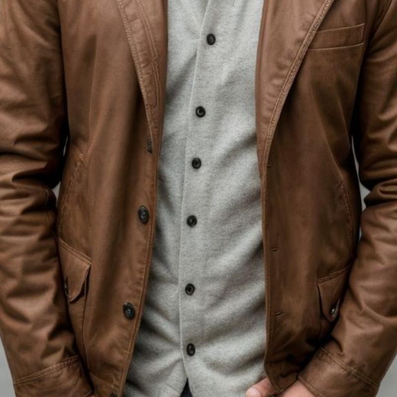 Men's Vintage Leather Notched Lapel Single Breasted Loose Fit Blazer 9884641722552