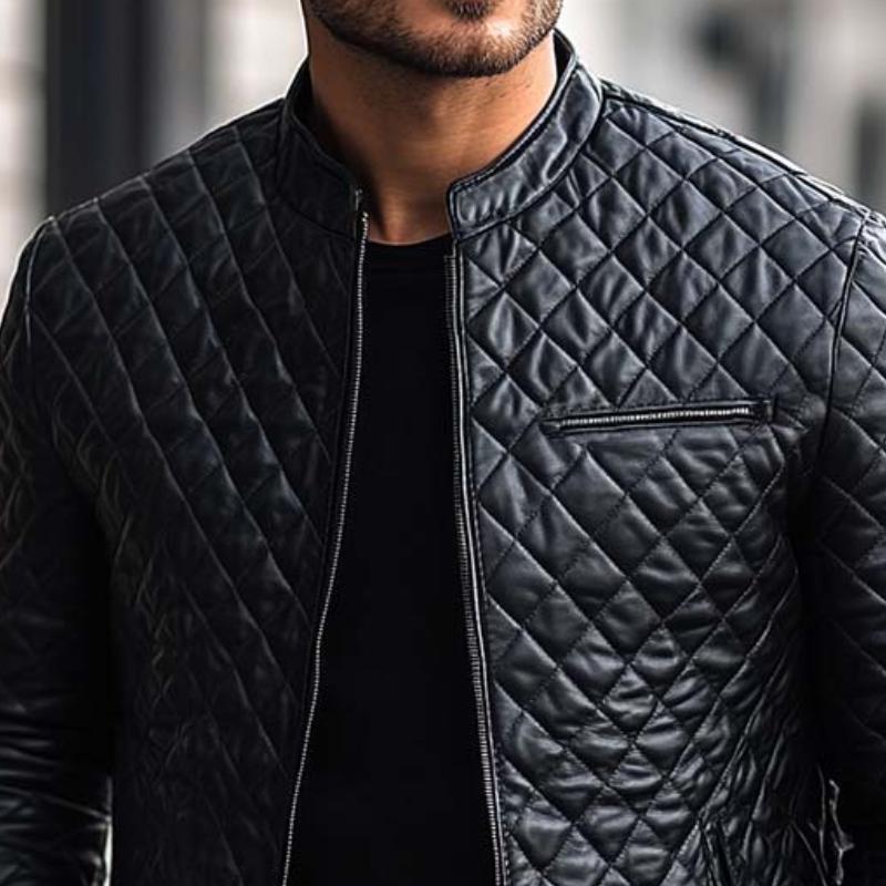Men's Fashion Casual Diamond Quilted Slim Fit Leather Jacket 9877642117304