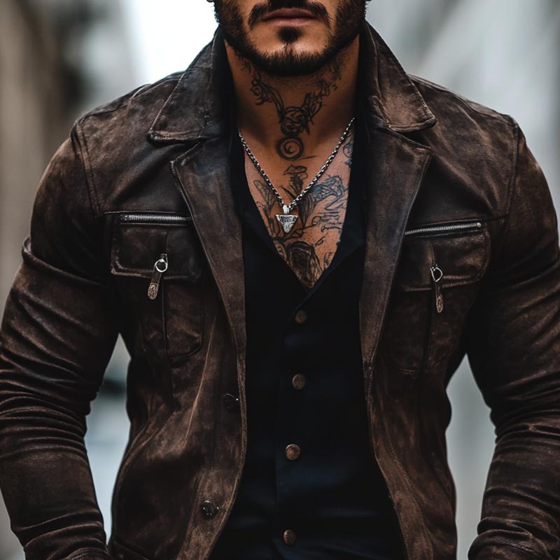 Men's Vintage Distressed Suede Lapel Chest Pocket Single Breasted Jacket 9873134059704
