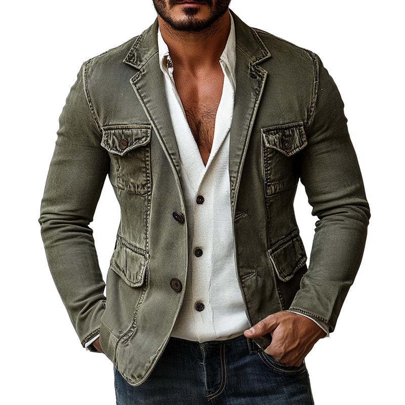 Men's Vintage Cotton Washed Notch Lapel Multi-pocket Casual Blazer 9877217411256
